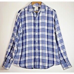 Baird McNutt Murano Shirt Mens Large Blue White Plaid Linen Slim Fit Long Sleeve